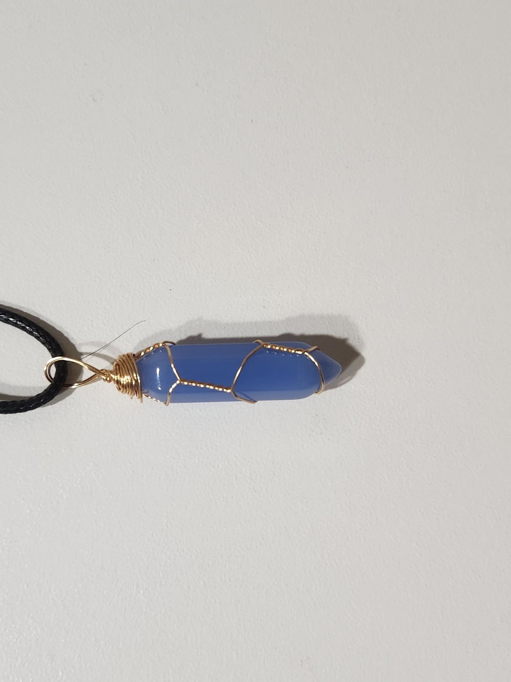 Blue Crystal Point Pendant Necklace with Gold Wire Wrap
